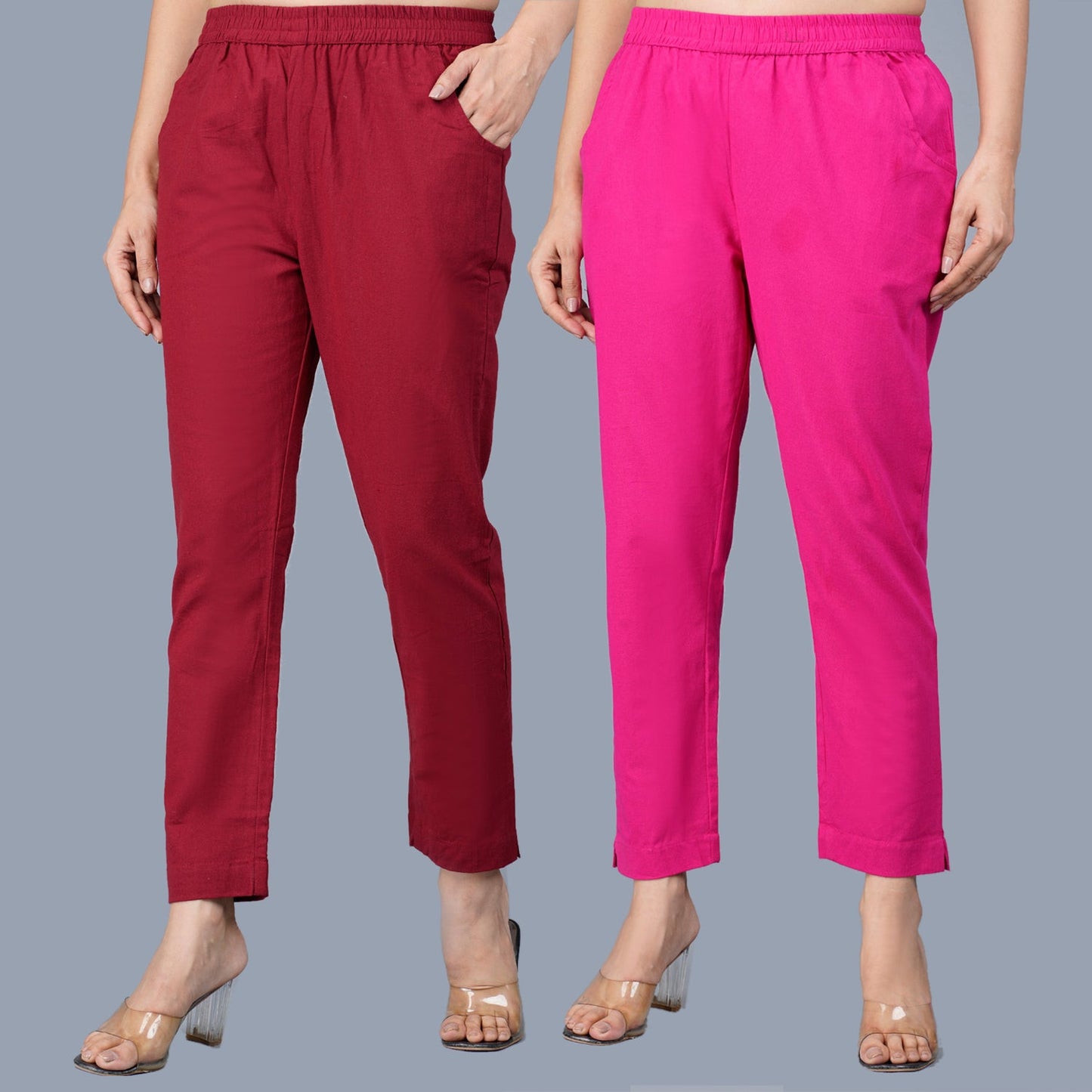 Pack Of 2 Womens Regular Fit Maroon And Rani Pink Fully Elastic Waistband Cotton Trouser