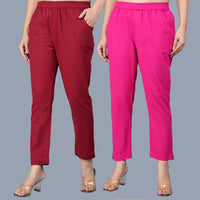 Pack Of 2 Womens Regular Fit Maroon And Rani Pink Fully Elastic Waistband Cotton Trouser