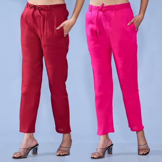 Pack Of 2 Womens Regular Fit Maroon And Rani Pink Cotton Slub Belt Pant Combo