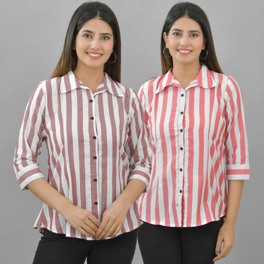 Pack Of 2 Womens Maroon And Red Spread Collar Striped Shirt Combo