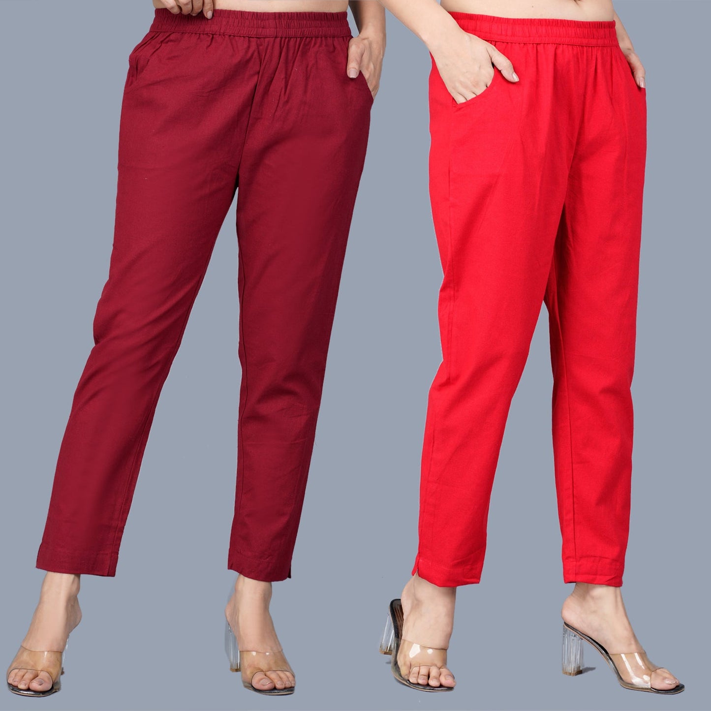 Pack Of 2 Womens Regular Fit Maroon And Red Green Fully Elastic Waistband Cotton Trouser