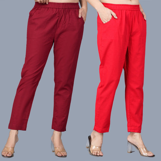 Pack Of 2 Womens Regular Fit Maroon And Red Green Fully Elastic Waistband Cotton Trouser