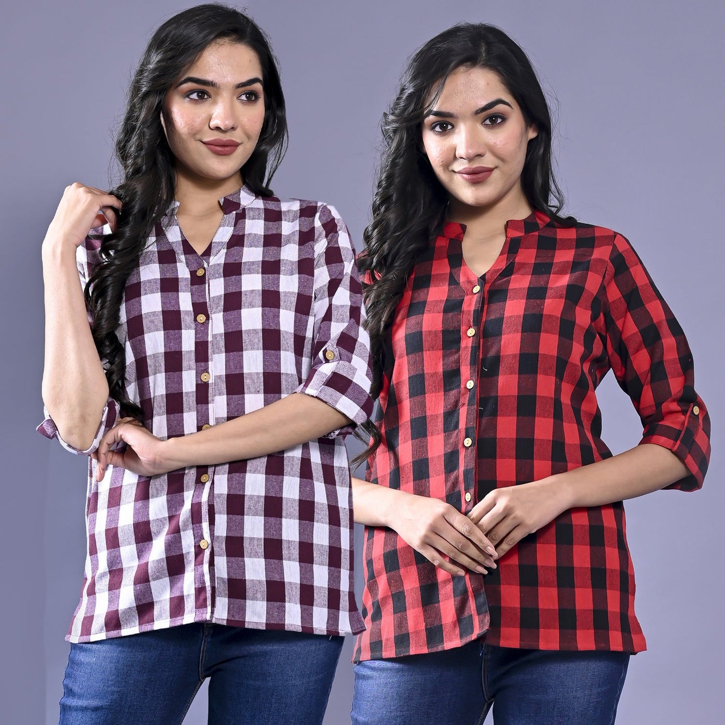 Pack Of 2 Womens Maroon And Red Chekerd Casual Shirt Combo