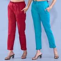 Pack Of 2 Womens Regular Fit Maroon And Blue Cotton Slub Belt Pant Combo