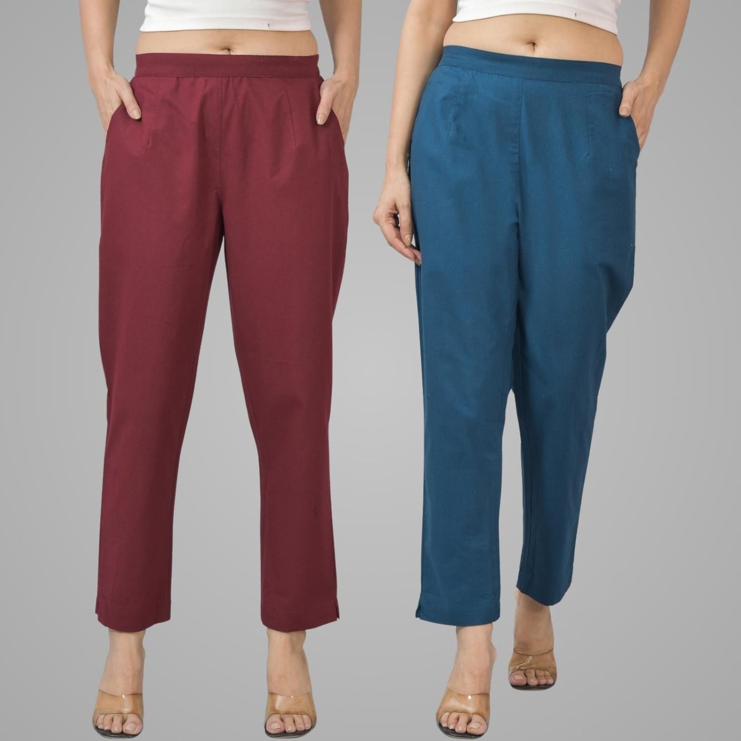 Pack Of 2 Womens Half Elastic Maroon And Teal Blue Deep Pocket Cotton Pants