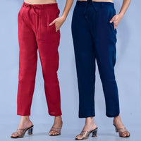 Pack Of 2 Womens Regular Fit Maroon And Teal Blue Cotton Slub Belt Pant Combo