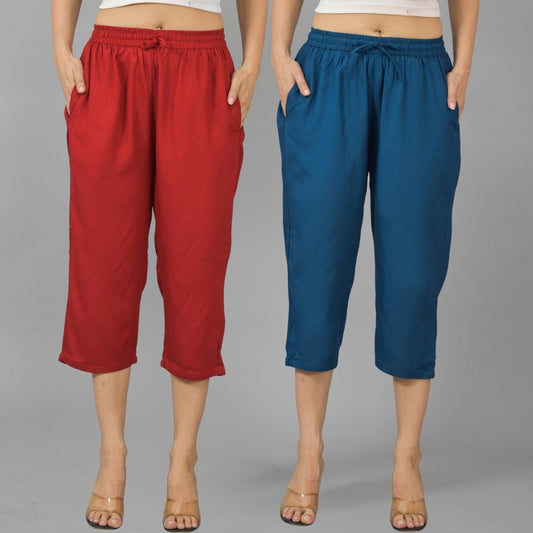 Pack Of 2 Womens Maroon And Teal Blue Calf Length Rayon Culottes Trouser Combo