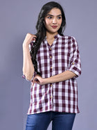 Women Regular Fit Maroon Checkered Mandarin Collar Casual Shirt