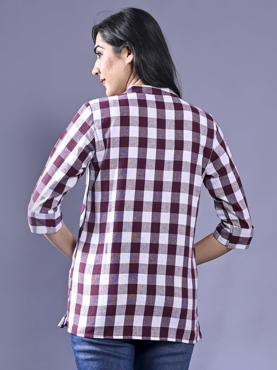 Women Regular Fit Maroon Checkered Mandarin Collar Casual Shirt