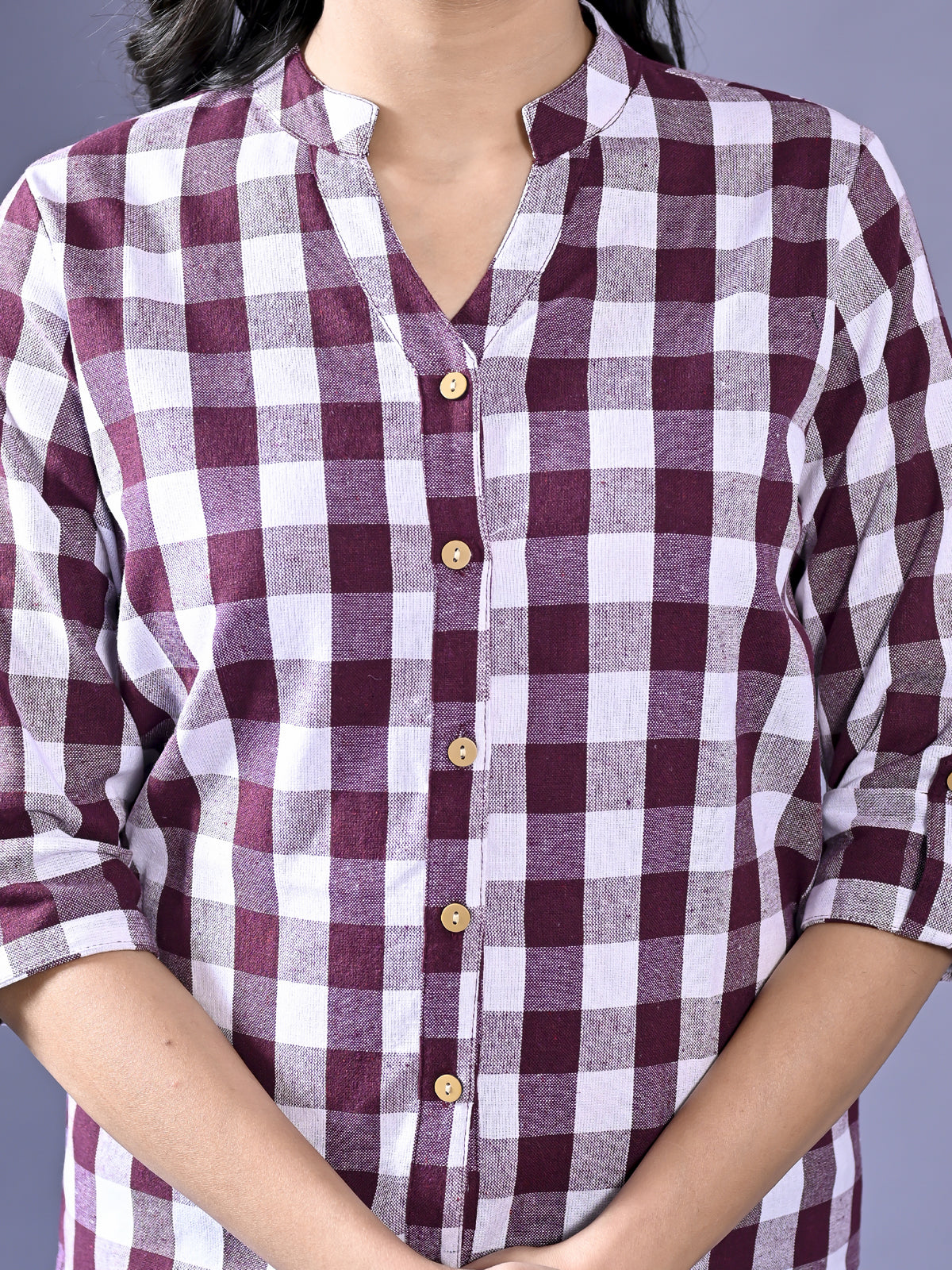 Women Regular Fit Maroon Checkered Mandarin Collar Casual Shirt