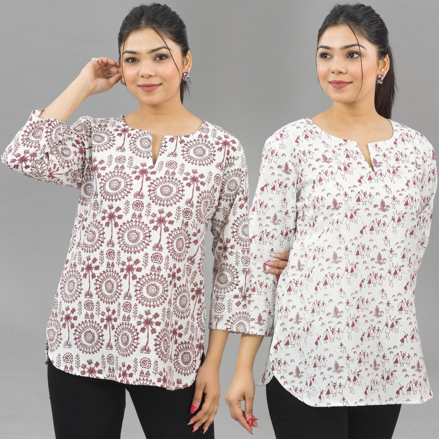 Pack Of 2 Womens Regular Fit Maroon Tribal And Maroon Vector Printed Tops Combo