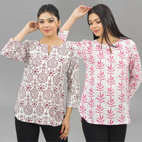 Pack Of 2 Womens Regular Fit Maroon Tribal And Pink Leaf Printed Tops Combo