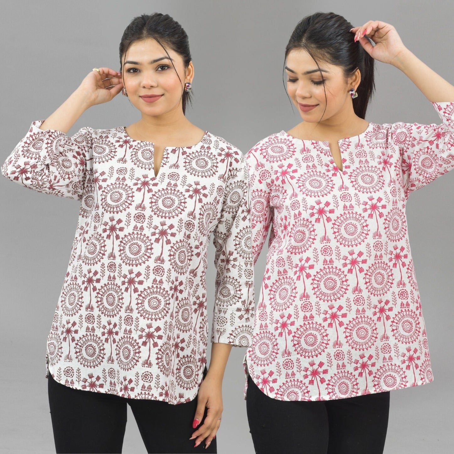 Pack Of 2 Womens Regular Fit Maroon Tribal And Pink Tribal Printed Tops Combo