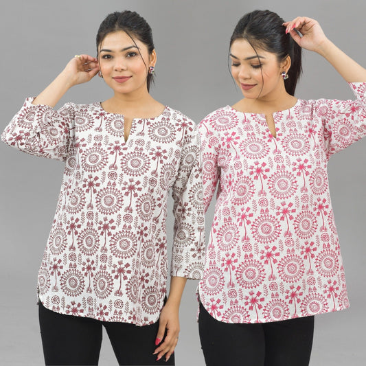 Pack Of 2 Womens Regular Fit Maroon Tribal And Pink Tribal Printed Tops Combo