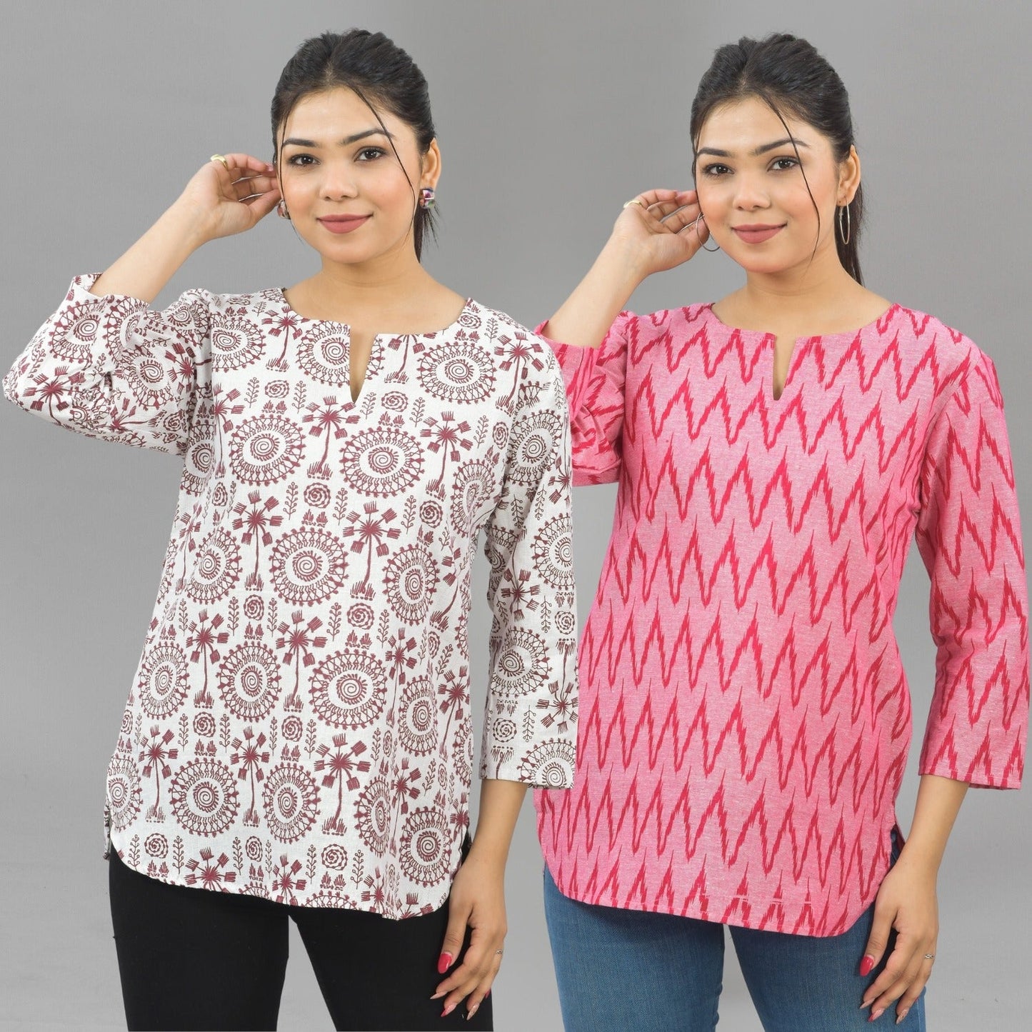 Pack Of 2 Womens Regular Fit Maroon Tribal And Pink Zig Zag Printed Tops Combo