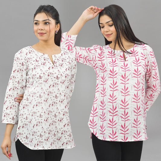 Pack Of 2 Womens Regular Fit Maroon Vector And Pink Leaf Printed Tops Combo