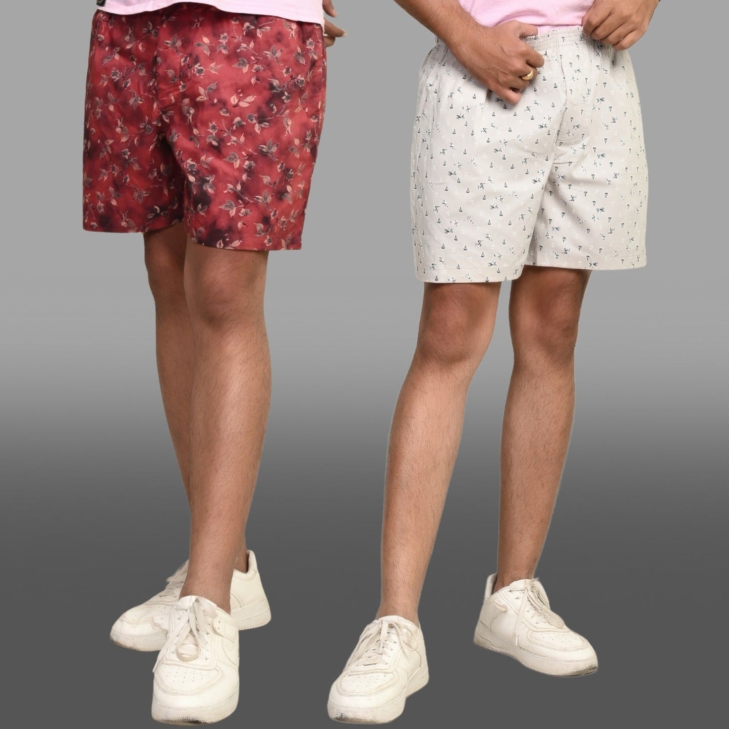 Pack Of 2 Maroon And White Mens Printed Shorts Combo