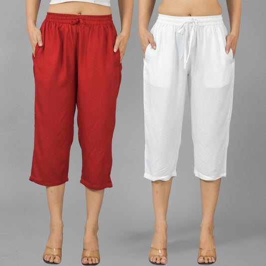 Pack Of 2 Womens Maroon And White Calf Length Rayon Culottes Trouser Combo