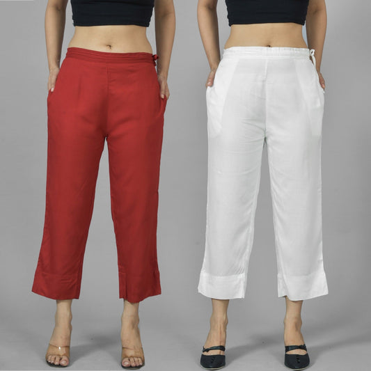 Pack Of 2 Womens Maroon And White Ankle Length Rayon Culottes Trouser Combo