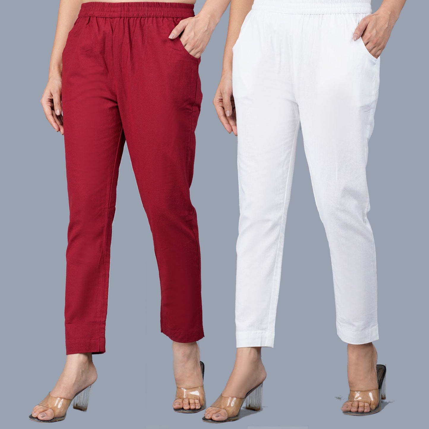 Pack Of 2 Womens Regular Fit Maroon And White Fully Elastic Waistband Cotton Trouser