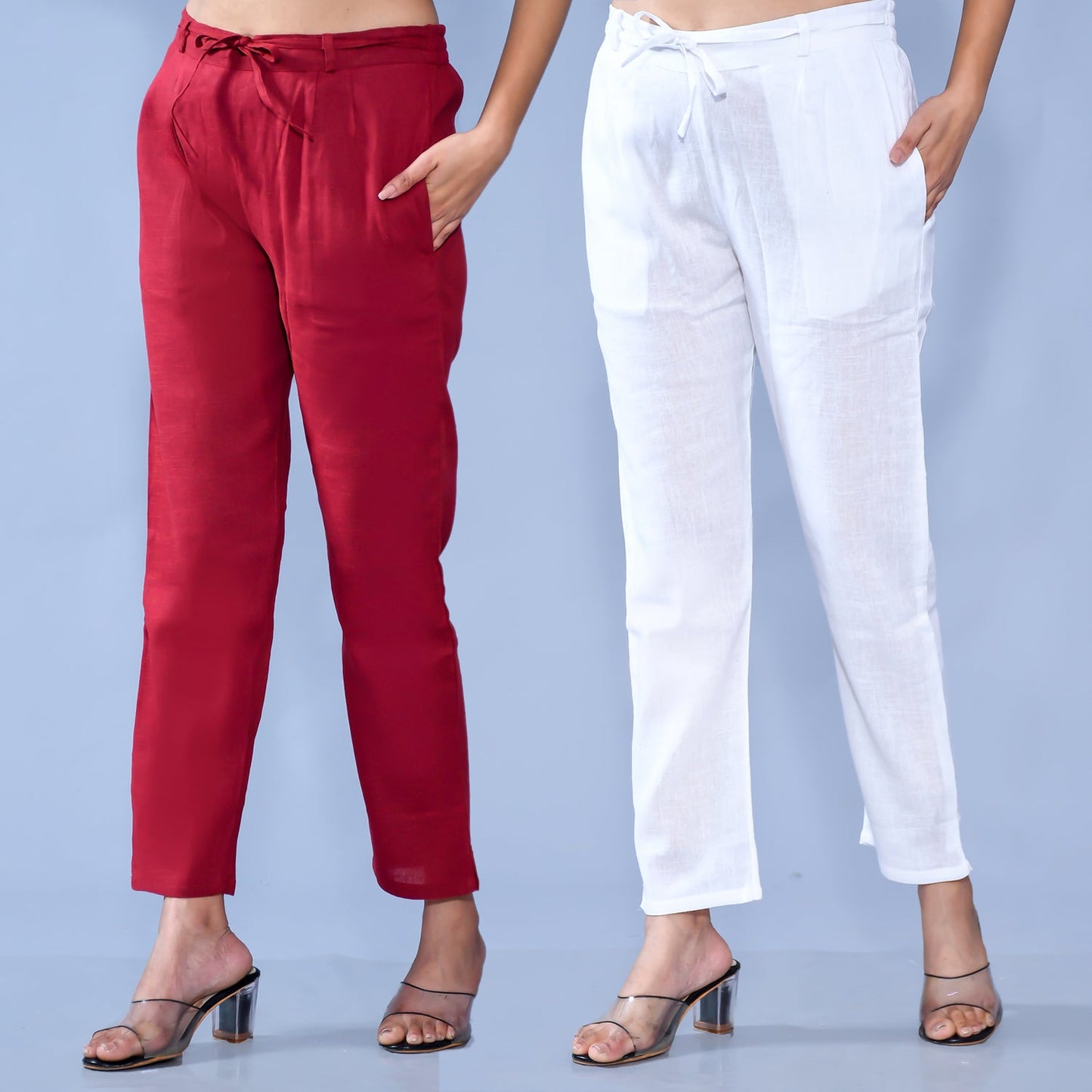 Pack Of 2 Womens Regular Fit Maroon And White Cotton Slub Belt Pant Combo