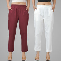 Pack Of 2 Womens Half Elastic Maroon And White Deep Pocket Cotton Pants