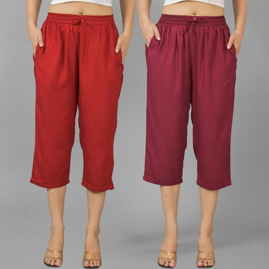 Pack Of 2 Womens Maroon And Wine Calf Length Rayon Culottes Trouser Combo