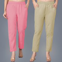 Pack Of 2 Womens Regular Fit Mauve Pink And Beige Fully Elastic Waistband Cotton Trouser