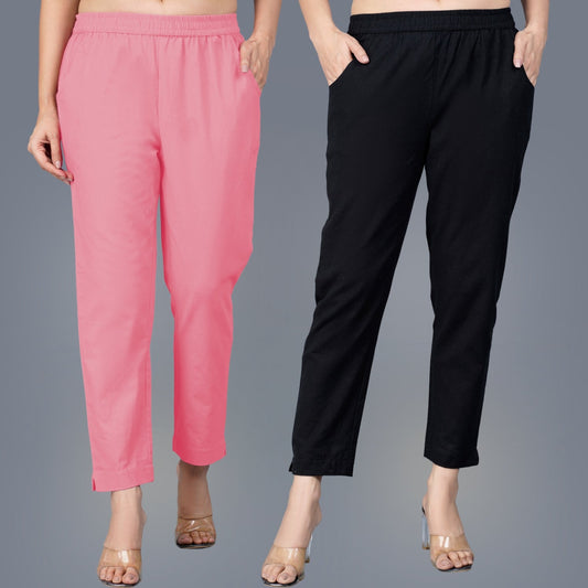 Pack Of 2 Womens Regular Fit Mauve Pink And Black Fully Elastic Waistband Cotton Trouser