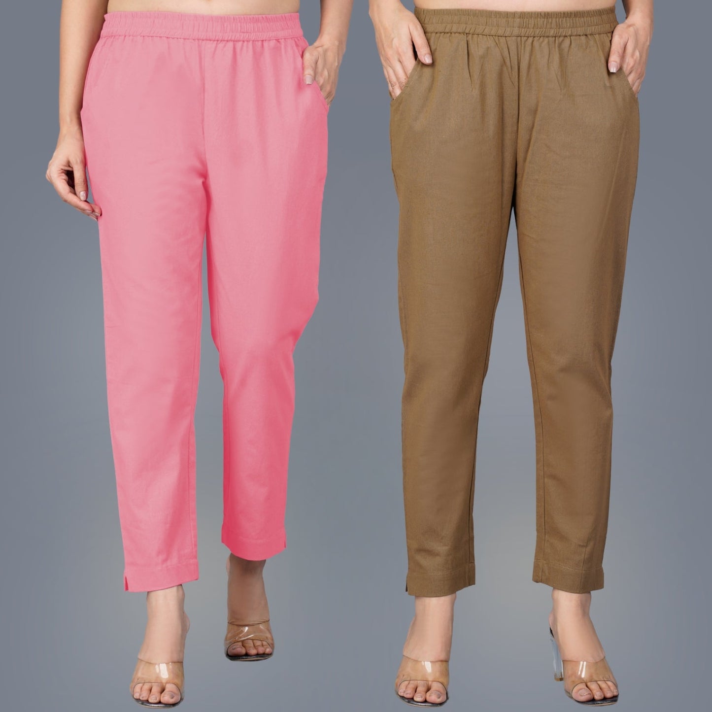 Pack Of 2 Womens Regular Fit Mauve Pink And Brown Fully Elastic Waistband Cotton Trouser