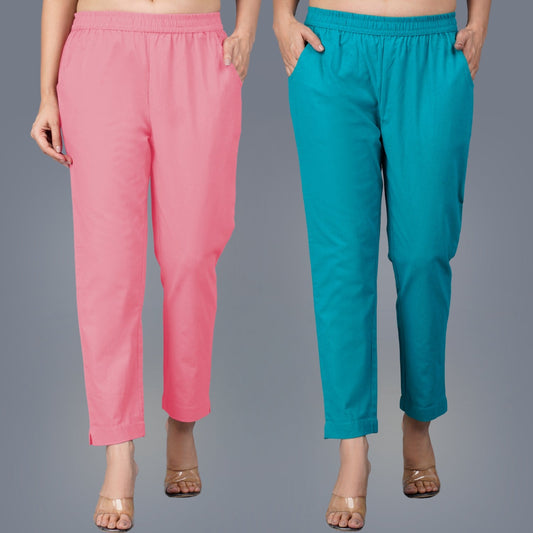 Pack Of 2 Womens Regular Fit Mauve Pink And Cyan Fully Elastic Waistband Cotton Trouser