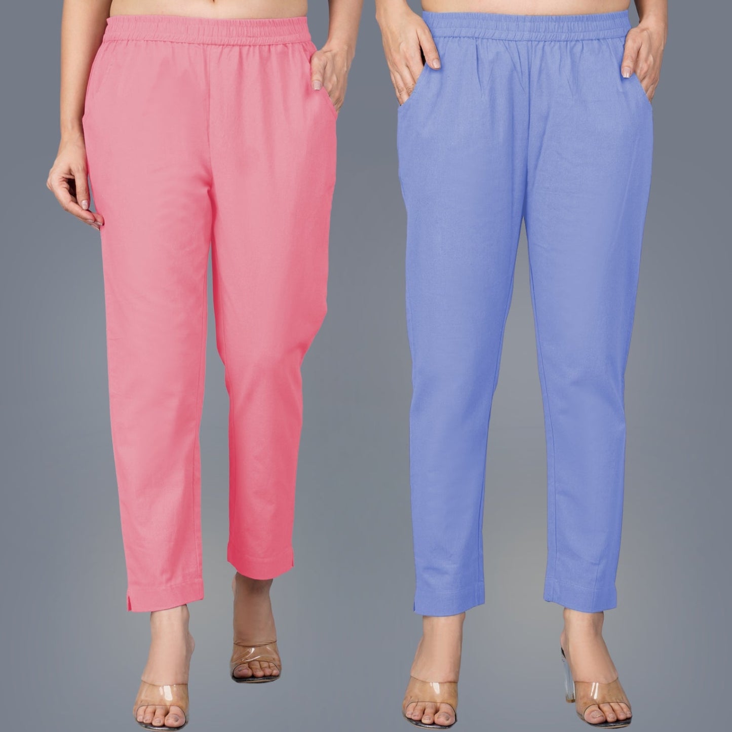 Pack Of 2 Womens Regular Fit Mauve Pink And Denim Blue Fully Elastic Waistband Cotton Trouser