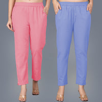 Pack Of 2 Womens Regular Fit Mauve Pink And Denim Blue Fully Elastic Waistband Cotton Trouser