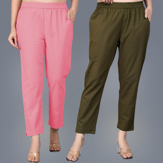 Pack Of 2 Womens Regular Fit Mauve Pink And Dark Green Fully Elastic Waistband Cotton Trouser