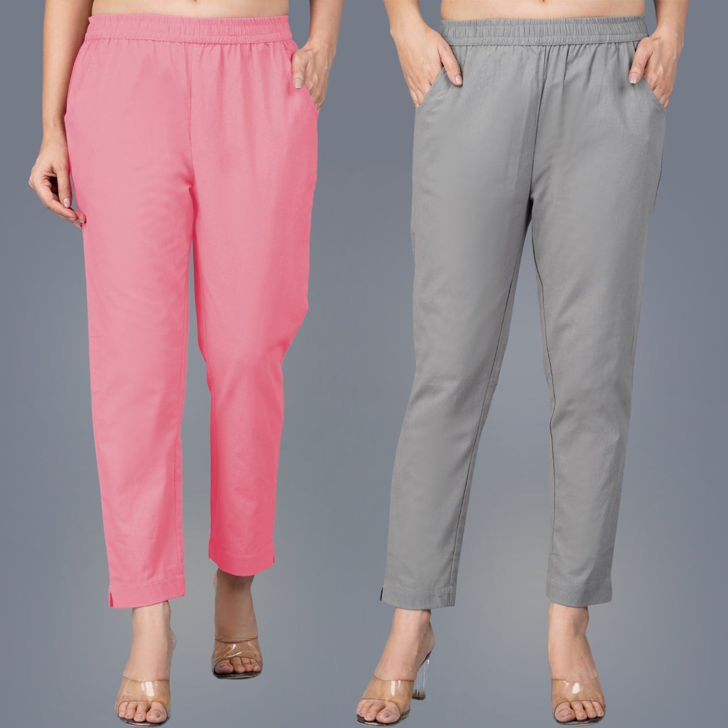 Pack Of 2 Womens Regular Fit Mauve Pink And Grey Fully Elastic Waistband Cotton Trouser