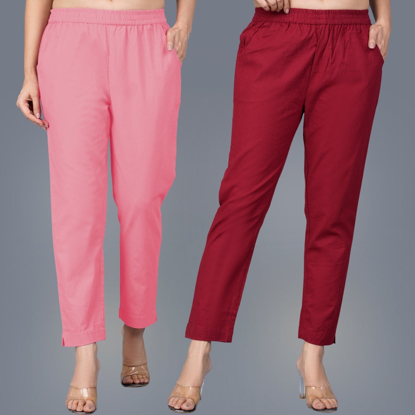 Pack Of 2 Womens Regular Fit Mauve Pink And Maroon Fully Elastic Waistband Cotton Trouser