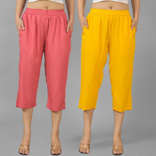 Pack Of 2 Womens Mauve Pink And Mustard Calf Length Rayon Culottes Trouser Combo