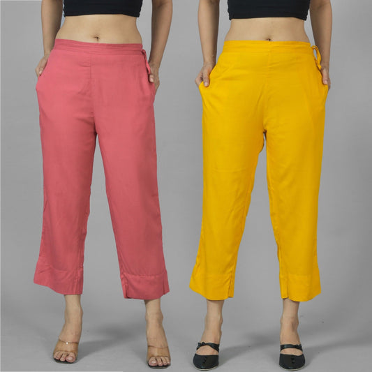 Pack Of 2 Womens Mauve Pink And Mustard Ankle Length Rayon Culottes Trouser Combo