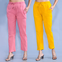 Pack Of 2 Womens Regular Fit Mauve Pink And Mustard Cotton Slub Belt Pant Combo