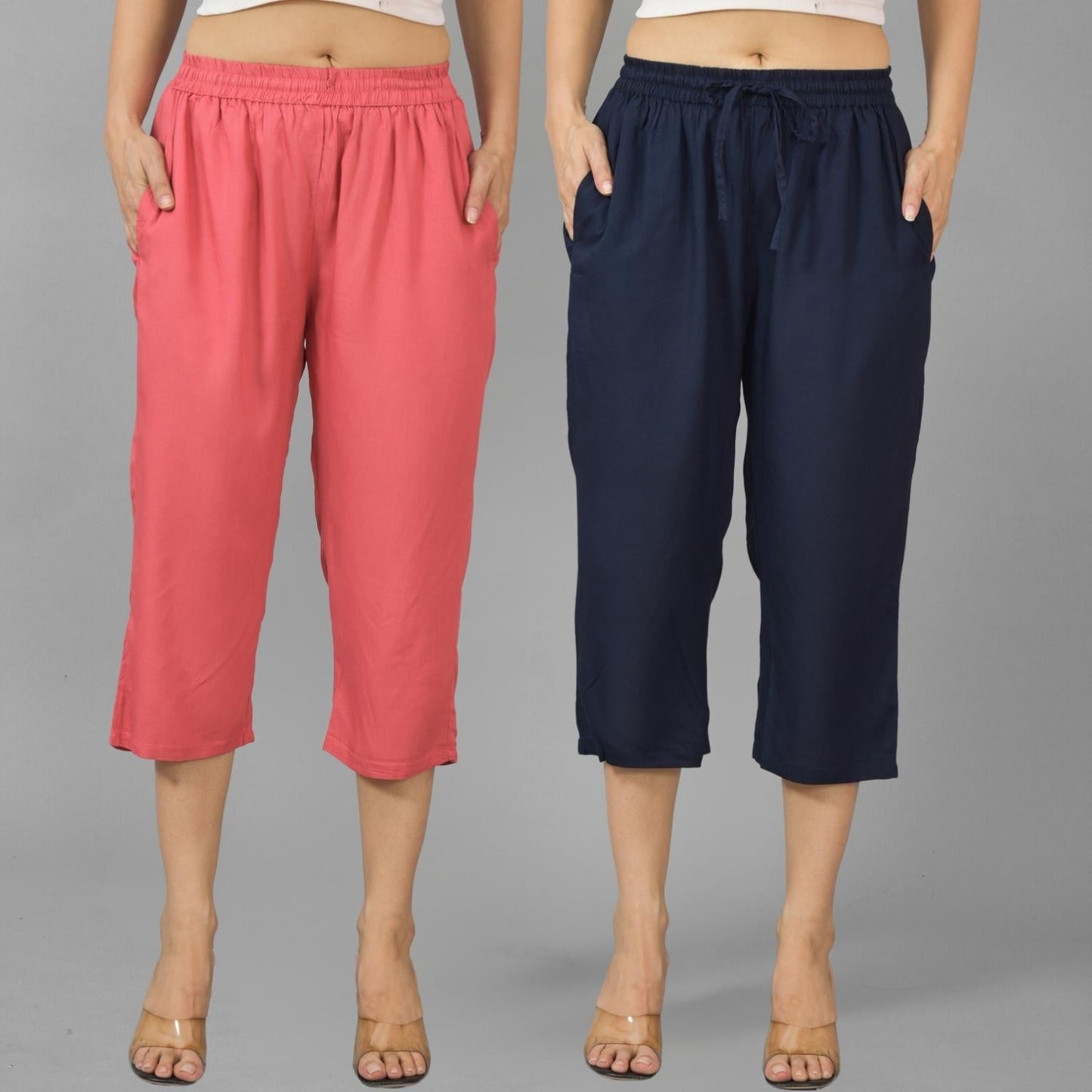 Pack Of 2 Womens Mauve Pink And Navy Blue Calf Length Rayon Culottes Trouser Combo