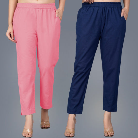 Pack Of 2 Womens Regular Fit Mauve Pink And Navy Blue Fully Elastic Waistband Cotton Trouser