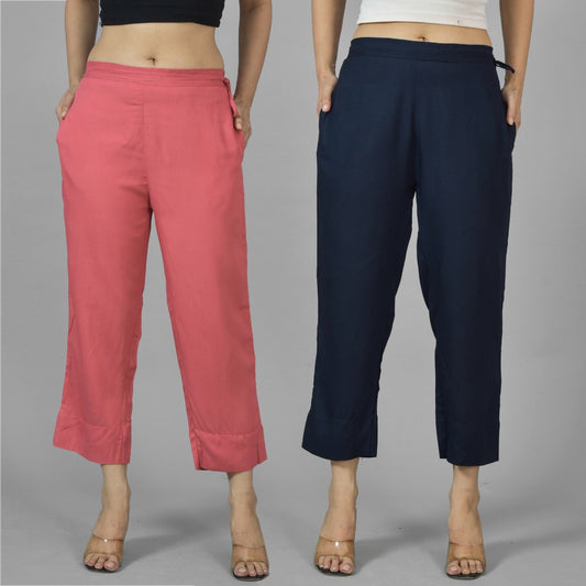 Pack Of 2 Womens Mauve Pink And Navy Blue Ankle Length Rayon Culottes Trouser Combo