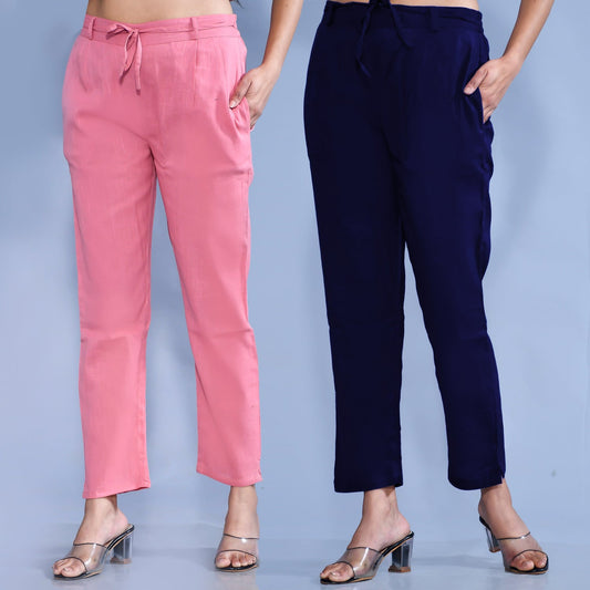 Pack Of 2 Womens Regular Fit Mauve Pink And Navy Blue Cotton Slub Belt Pant Combo