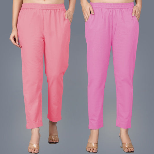 Pack Of 2 Womens Regular Fit Mauve Pink And Pink Fully Elastic Waistband Cotton Trouser