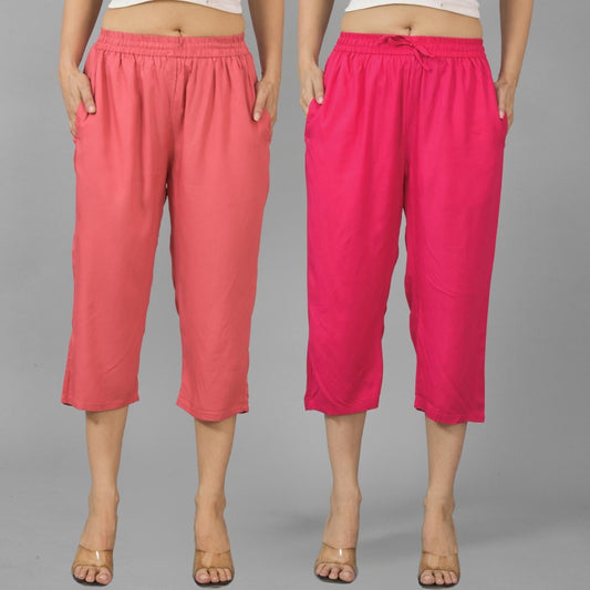 Pack Of 2 Womens Mauve Pink And Rani Pink Calf Length Rayon Culottes Trouser Combo
