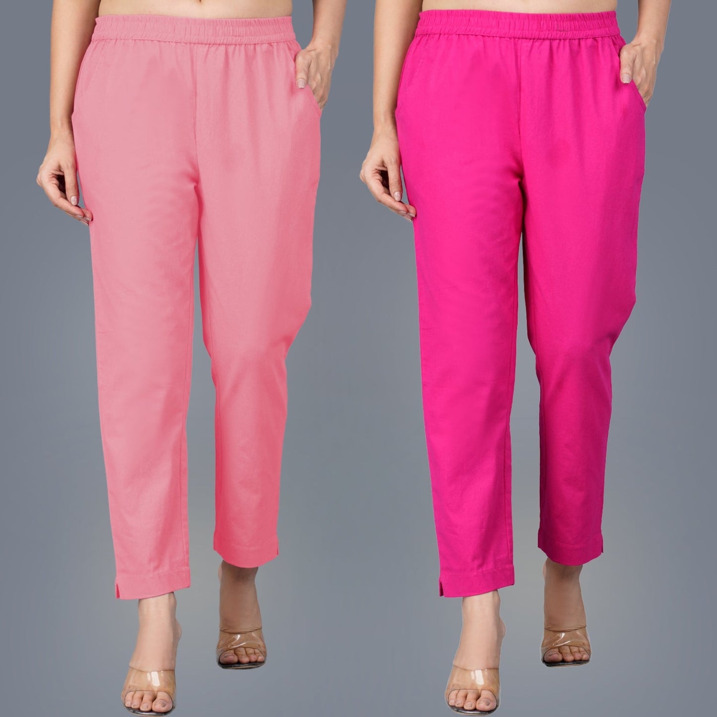 Pack Of 2 Womens Regular Fit Mauve Pink And Rani Pink Fully Elastic Waistband Cotton Trouser