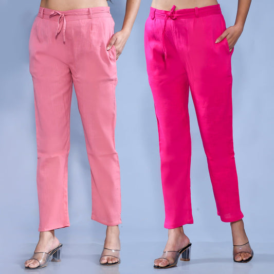 Pack Of 2 Womens Regular Fit Mauve Pink And Rani Pink Cotton Slub Belt Pant Combo