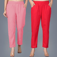 Pack Of 2 Womens Regular Fit Mauve Pink And Red Fully Elastic Waistband Cotton Trouser