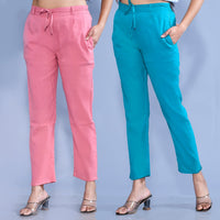 Pack Of 2 Womens Regular Fit Mauve Pink And Blue Cotton Slub Belt Pant Combo
