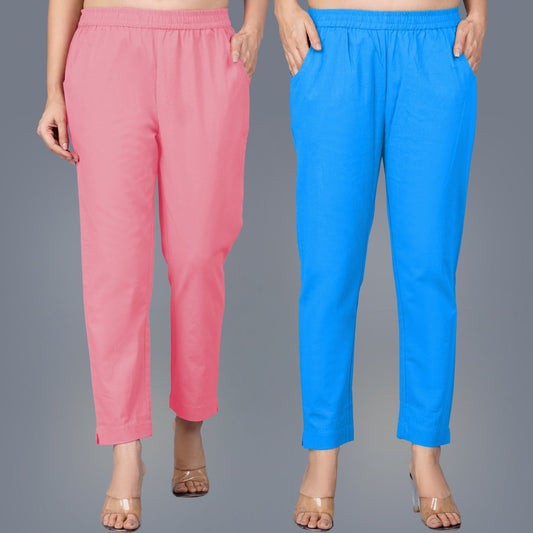 Pack Of 2 Womens Regular Fit Mauve Pink And Sky Blue Fully Elastic Waistband Cotton Trouser